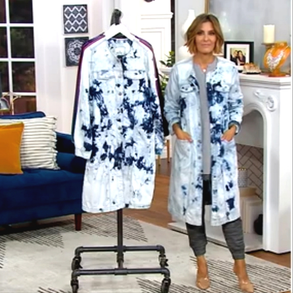 LOGO Lori Goldstein Blue and White Tie-Dye Long Sleeve Duster/Dress